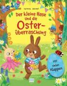Buchcover mit dem Titel 'Der kleine Hase und die Osterüberraschung'. Bunte Illustration von Hasen und anderen Tieren in einer fröhlichen Frühlingslandschaft.