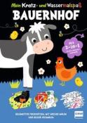 Buchcover mit dem Titel 'Mein Kratz- und Wassermalspaß Bauernhof'. Illustrationen von Tieren wie einer Kuh und einem Huhn.
