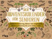 Buchcover mit dem Titel 'Der Adventskalender für Senioren'. Dekorative Weihnachtsmotive und goldene Schrift.