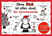 Adventskalender mit einem Schaf in Weihnachtsmütze. Verschiedene weihnachtliche Elemente sind abgebildet, alle mit dem Wort 'doof' gekennzeichnet.