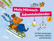 Buchcover für 'Mein Mitmach-Adventskalender 2'. Illustrationen von einer Maus und einem Elefanten auf einem Schlitten.