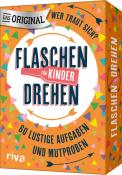 Spielbox mit dem Titel 'Flaschen für Kinder drehen'. Bunte Gestaltung mit geometrischen Formen.