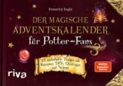 Buchcover mit dem Titel 'Der magische Adventskalender für Potter-Fans'. Dunkler Hintergrund mit goldenen Verzierungen und magischen Elementen.