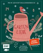 Buchcover für einen Adventskalender mit dem Titel 'Gartenliebe'. Illustration einer Gießkanne und winterlichen Pflanzen.