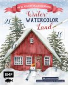 Cover eines Adventskalenderbuchs mit dem Titel 'Winter-Watercolor Land'. Abbildung eines roten Hauses im Schnee mit Tannenbäumen.
