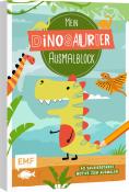Buchcover mit dem Titel 'Mein Dinosaurier Ausmalblock'. Bunte Illustrationen von Dinosauriern. Ein fröhlicher Dinosaurier in der Mitte. Farbige Elemente und Pflanzen im Hintergrund.