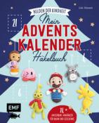 Buchcover mit dem Titel 'Mein Adventskalender Haeckelbuch'. Illustrationen von gehäkelten Figuren auf blauem Hintergrund.