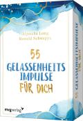 Buchcover mit dem Titel '55 Gelassenheitsimpulse für dich'. Farbverlauf in Blau und Gold. Autoren: Aljoscha Long, Ronald Schweppe. Verlag: mvgverlag.