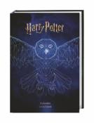 Kalender mit dem Titel 'Harry Potter'. Dunkler Hintergrund mit geometrischem Eulenmotiv. Modernes Design, schlicht und stilisiert.