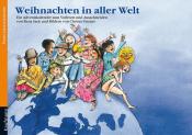 Buchcover 'Weihnachten in aller Welt'. Kinder verschiedener Kulturen sitzen fröhlich auf einer Weltkugel.