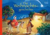 Buchcover mit Illustration einer Weihnachtsgeschichte. Szene mit Maria auf einem Esel, Josef, Stall mit Tierfiguren, Sternenhimmel und Weihnachtsbaum im Vordergrund.