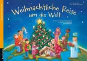 Buchcover mit dem Titel 'Weihnachtliche Reise um die Welt'. Kinder um einen Weihnachtsbaum auf einer Weltkarte.