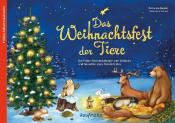 Buchcover mit dem Titel 'Das Weihnachtsfest der Tiere'. Weihnachtsbaum und verschiedene Tiere in einer winterlichen Landschaft.