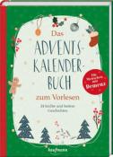 Buchcover mit dem Titel 'Das Adventskalenderbuch zum Vorlesen'. Grüner Hintergrund mit weihnachtlichen Motiven.