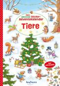 Buchcover eines Adventskalenders mit dem Titel 'Mein allererster Sticker-Adventskalender Tiere'. Bunte Illustrationen von Tieren und Weihnachtsmotiven.
