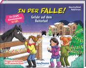Buchcover mit dem Titel 'In der Falle! Gefahr auf dem Reiterhof'. Abgebildet sind Kinder und ein Pferd in winterlicher Landschaft.