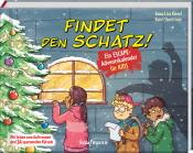 Buchcover mit dem Titel 'FINDEN den SCHATZ!'. Illustration von Kindern vor einem Fenster mit Schnee und einem Weihnachtsbaum.