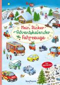 Buchcover mit dem Titel 'Mein Sticker-Adventskalender Fahrzeuge'. Winterlandschaft mit verschiedenen Fahrzeugen und über 500 Stickern.