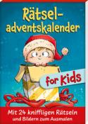 Buchcover mit dem Titel 'Rätseladventskalender for Kids'. Ein Kind mit rotem Weihnachtsmütze sitzt in einem Geschenkekarton.