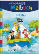 Cover eines Malbuchs mit dem Titel 'Piraten'. Kinder in einem Boot mit Piratenhut und einem Delfin im Wasser.