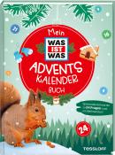 Buchcover mit dem Titel 'Mein WAS IST WAS ADVENTSKALENDER BUCH'. Abgebildet ist ein Eichhörnchen mit Nüssen vor einer winterlichen Kulisse.