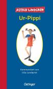 Buchcover von 'Ur-Pippi' von Astrid Lindgren. Zeichnung eines Mädchens mit Zöpfen und buntem Outfit.