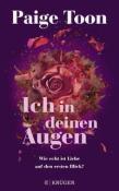 Buchcover von 'Ich in deinen Augen' von Paige Toon. Dunkelvioletter Hintergrund mit einer rosa Rose und zerfallenden Blütenblättern.