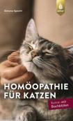 Buchcover mit dem Titel 'Homöopathie für Katzen'. Eine Katze genießt eine Streicheleinheit.