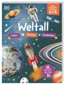 Buchcover mit dem Titel 'Weltall'. Grafiken von Planeten, einem Astronauten und einer Rakete.