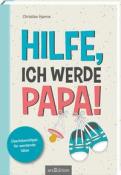 Buchcover mit dem Titel 'Hilfe, ich werde Papa!'. Farbige Schrift und Illustrationen von Babyartikeln.