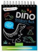 Buchcover mit dem Titel 'Mein Dino Kritzkatz-Buch'. Enthält bunte Dinosaurierzeichnungen auf schwarzem Hintergrund.