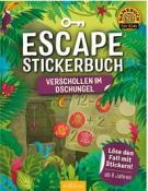 Buchcover mit dem Titel 'Escape Stickerbuch: Verschollen im Dschungel'. Bunte Dschungel-Illustrationen und Rätsel mit Zahlen.