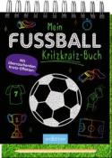 Buchcover mit dem Titel 'Mein Fussball Kritzkatz-Buch'. Schwarz mit bunten Fussballmotiven und einem großen Fussball.