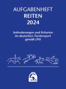 Buchcover in Blau mit dem Titel 'Aufgabenheft Reiten 2024'. Grafiken von Pferden und Reitern sind abgebildet.