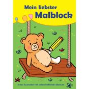 Buchcover mit dem Titel 'Mein liebster Malblock'. Ein niedlicher Bär sitzt auf einer Schaukel und hält einen Stift.