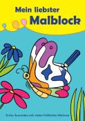 Buchcover mit Titel 'Mein liebster Malblock'. Bunte Zeichnung eines Schmetterlings mit einem Buntstift. Blumen in verschiedenen Farben im Vordergrund. Hintergrund in Blau.