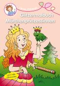 Buchcover mit dem Titel 'Glitzermalbuch Märchenprinzessinnen'. Eine Prinzessin mit Krone hält einen Frosch in der Hand.