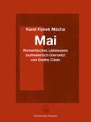 Buchcover von Karel Hynek Máchas Werk 'Mai'. Rote Hintergrundfarbe mit weißem Titel und Untertitel.