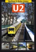 Buchcover über die U-Bahn-Linie U2 in Berlin. Gelbe U-Bahn auf Schienen mit winterlicher Umgebung.
