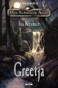 Buchcover mit dem Titel Greetja. Eine Frau sitzt am Wasserfall in einer mystischen Landschaft.
