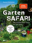 Buchcover mit dem Titel 'Garten SAFARI'. Abbildung von Pflanzen und Tieren im Garten.