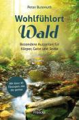 Buchcover mit dem Titel 'Wohlfühlort Wald'. Bild einer ruhigen Waldlandschaft mit einem fließenden Bach.
