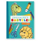 Buchcover mit dem Titel 'Dinosaurier Bastelrei'. Bunte Zeichnungen von Dinosauriern und Bastelmaterialien.