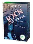 Buchcover mit dem Titel 'MOCN Blessed Witches of New London'. Dunkle Farben und eine stilisierte Figur mit Kopfschmuck.