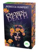 Buchcover mit dem Titel 'Chosen by Death'. Dunkler Hintergrund mit einer Totenkopf-Illustration und bunten Blumen.