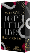 Buchcover für 'Dirty Little Liars: Blackwood Hall'. Dunkler Hintergrund mit Schlangenmotiven und roten Blumen.