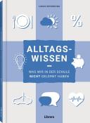 Buchcover mit dem Titel 'Alltagswissen'. Grafiken zu Alltagsthemen wie Essen, Wetter und Finanzen.