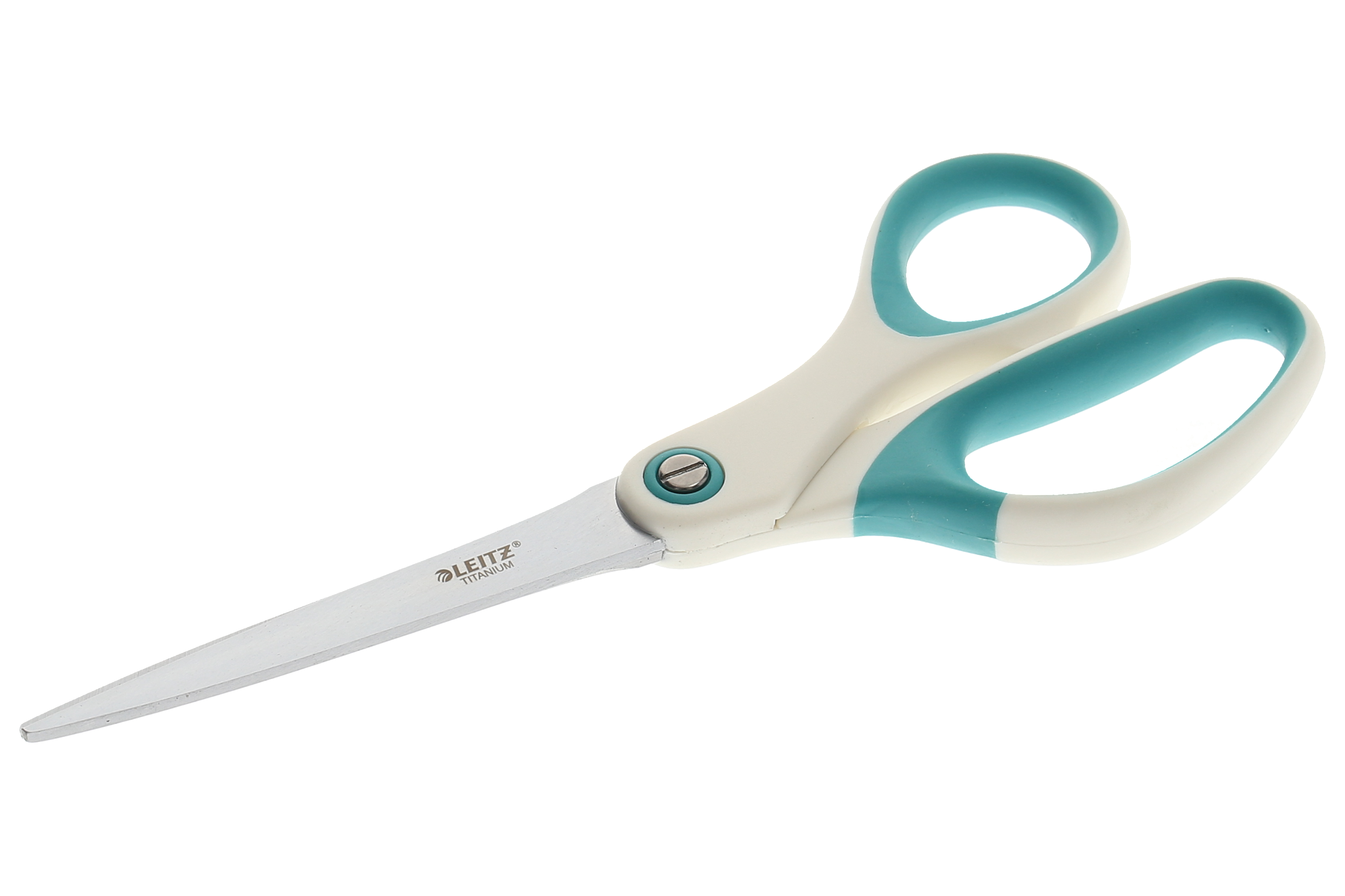 Schere mit langen Klingen und ergonomischen Griffen. Die Griffe sind in Blau und Weiß.