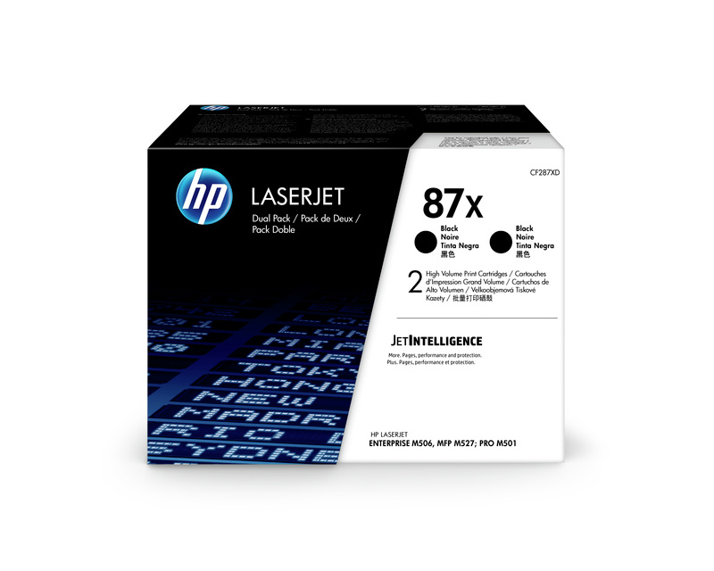 Schwarze Verpackung für HP LaserJet Druckerpatronen. Enthält zwei Hochleistungs-Tintenpatronen.