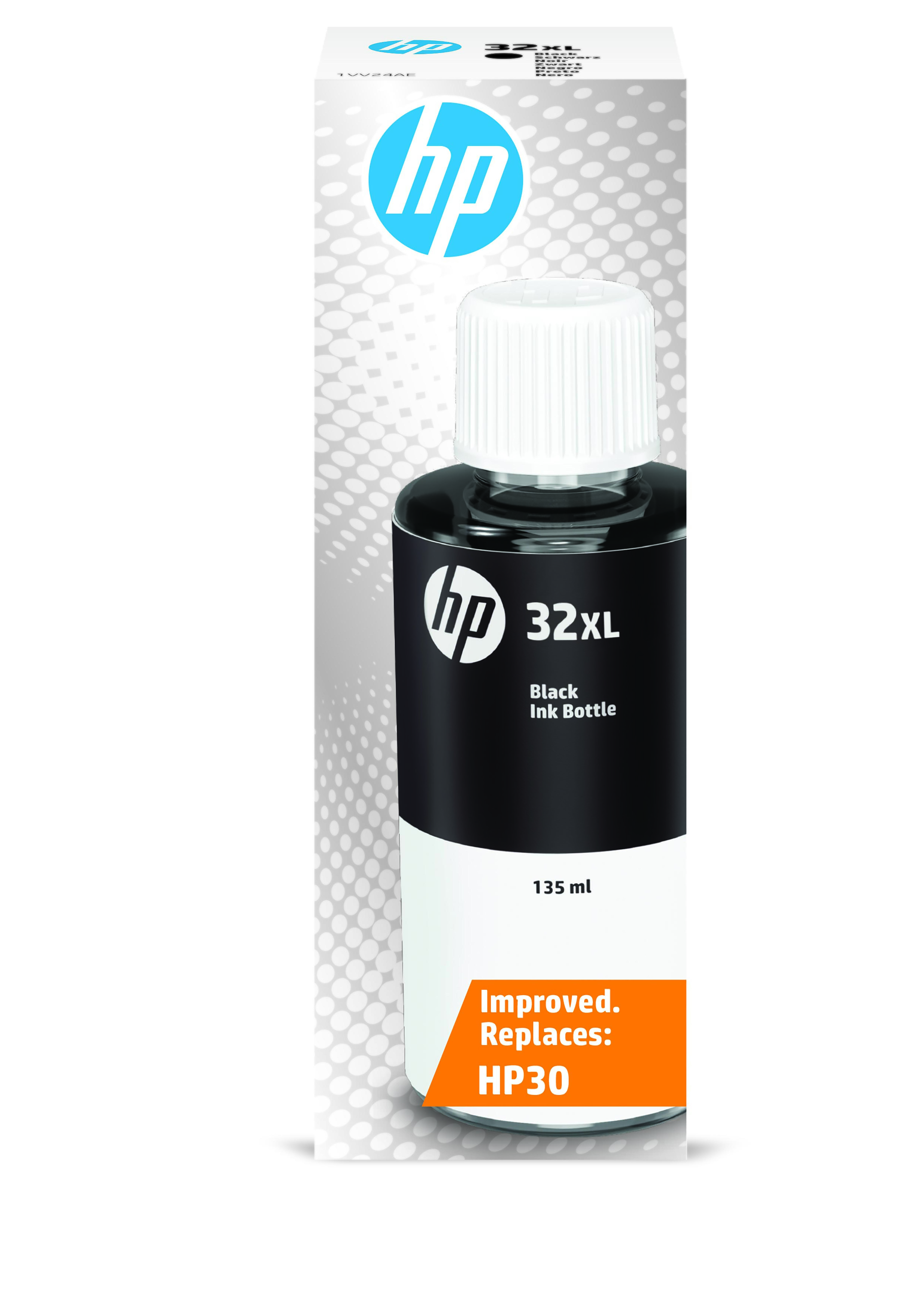 Schwarze Tinte in einer Flasche mit weißem Deckel. Verpackung zeigt die Bezeichnung HP 32XL und 135 ml Inhalt.